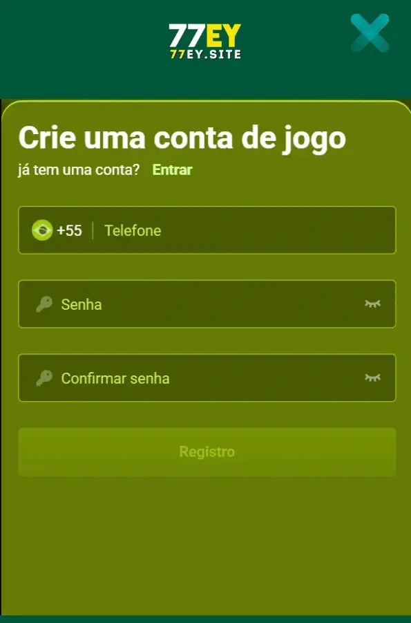 Tela de cadastro rápido na plataforma 77EY